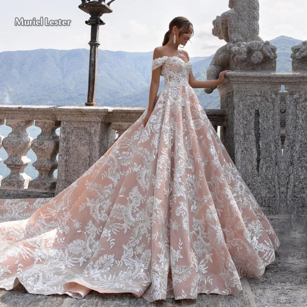 

Бальное платье принцессы цвета шампанского, с кружевной аппликацией цвета слоновой кости, элегантное романтичное свадебное платье с откры...