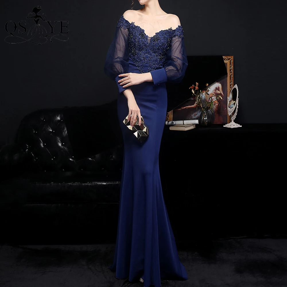 Navy Prom Dresses Long Tulle Sleeves Evening Dress Stretch Satin Formal Dress Lace Applique Party Gown Off Shoulder Elegant Gown
Navy Prom Dresses Long Tulle Sleeves Evening Dress Stretch Satin Formal Dress Lace Applique Party Gown Off Shoulder Elegant Gown