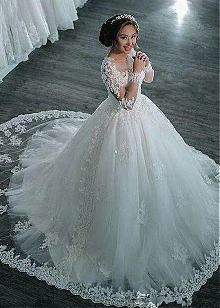 

Amazing Tulle Sheer Long Sleeves Jewel Neckline Ball Gown Wedding Dresses Beaded Lace Appliques Bridal Gowns 2022