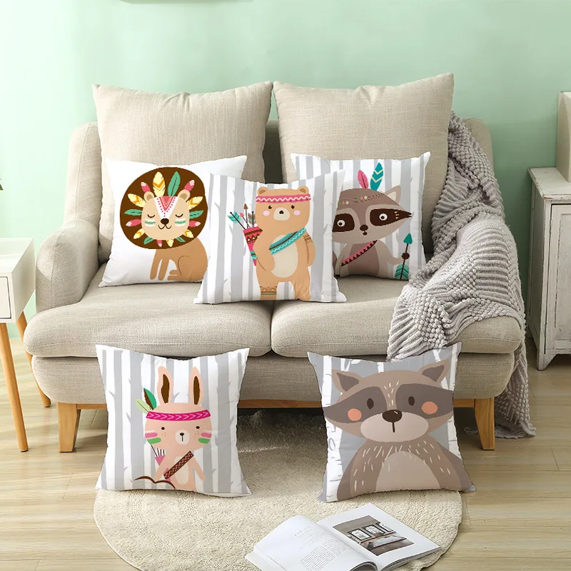 

Cute Cartoon Woodland Animals Cushion Cover Baby Nursery Art Home Decor Owl Panda Deer Rabbit Kids Room Sofa Throw Pillow Case