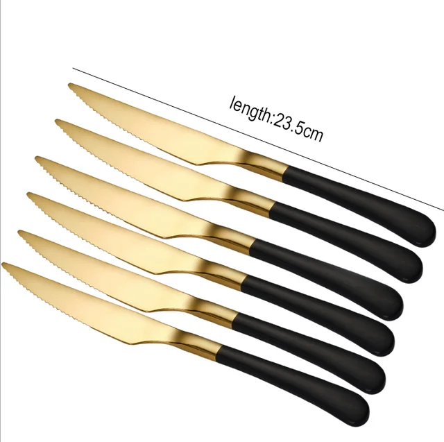 

6pcs/set Stainless Steel Steak Knife With Long Handle Titanium Plating Gold Dinner Knives Luxurious Western Flatwares