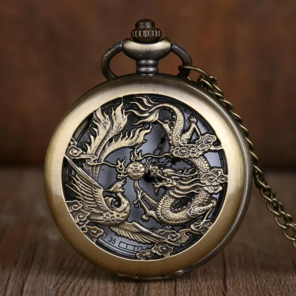 

Antique Bronze Dragon and phoenix carving hollow Quartz Pocket Watch Vintage Men Women Pendant Necklace Clock Gifts Fob Watch