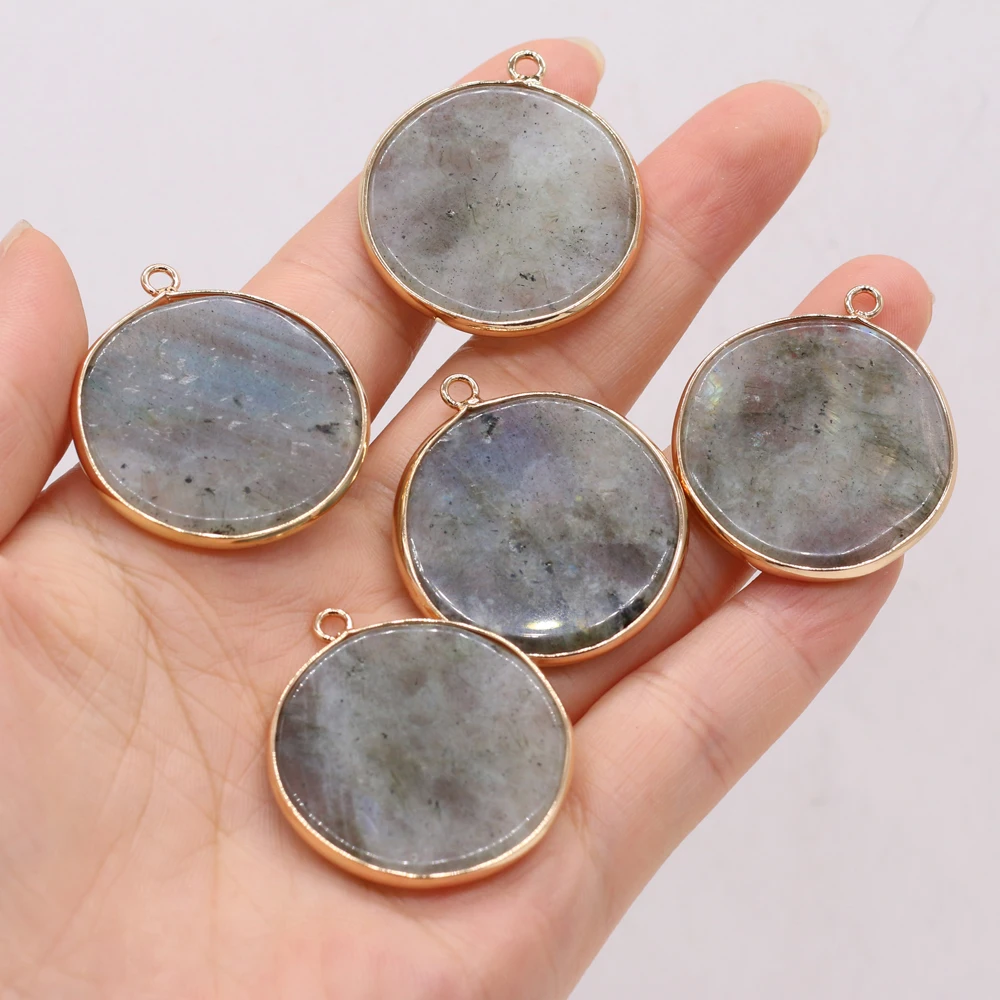

Flash Labradorite Natural Pendant Semi-precious Stone Round Gilt Edge Charms For Jewelry Making DIY Necklace Accessories 30x35mm