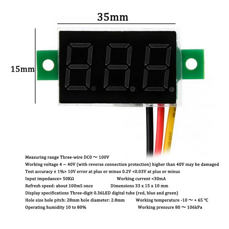 DC 0-100V Three-Wire Mini Digital Voltmeter Voltage Meter Gauge with Reverse Polarity Protection Digital Voltage Tester
DC 0-100V Three-Wire Mini Digital Voltmeter Voltage Meter Gauge with Reverse Polarity Protection Digital Voltage Tester