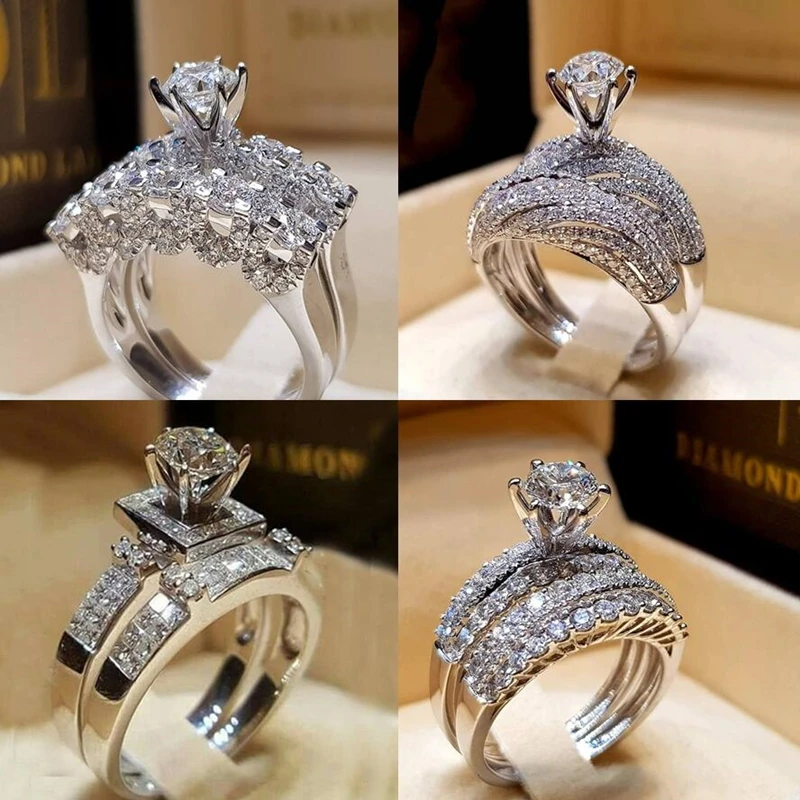 

2Pcs Bridal Set Elegant rings for Women Sliver Color Wedding Engagement fashion Jewelry With Full Shiny Cubiz Zircon female ring