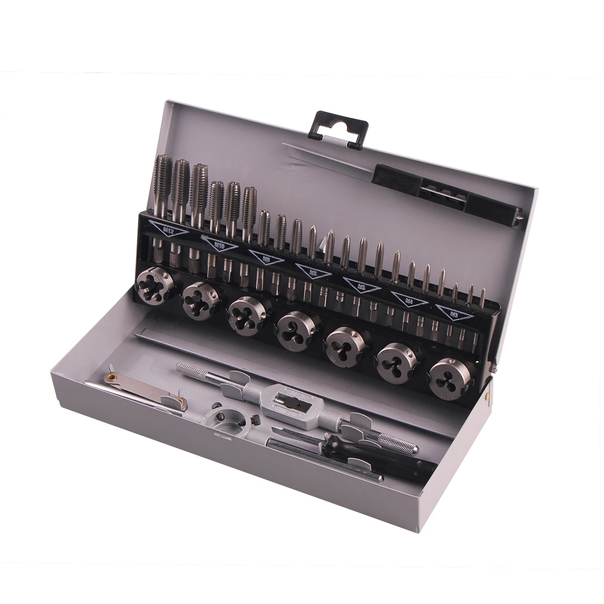 32pcs/set M3-M12 Metric Tap and Die Set Tungsten Alloy Steel Screw Threads Tap Die Wrench Set Cutting Tools With Metal Case 
32pcs/set M3-M12 Metric Tap and Die Set Tungsten Alloy Steel Screw Threads Tap Die Wrench Set Cutting Tools With Metal Case