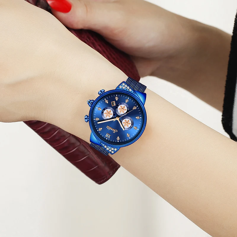 Часы наручные SUNKTA женские кварцевые брендовые Роскошные синие с автокалендарем