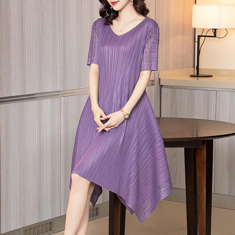 Summer Clothes For Women New V Neck Short Sleeve Solid color Stretch Loose Miyake Pleated Irregular Dresses
Summer Clothes For Women New V Neck Short Sleeve Solid color Stretch Loose Miyake Pleated Irregular Dresses