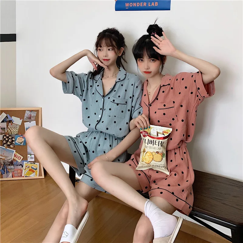 Polka Dot Print Summer Pajamas Set Women Turn Down Collar Single Breasted Shirts Sleepwear Casual Kawaii Cotton Homewear Loose
Polka Dot Print Summer Pajamas Set Women Turn Down Collar Single Breasted Shirts Sleepwear Casual Kawaii Cotton Homewear Loose