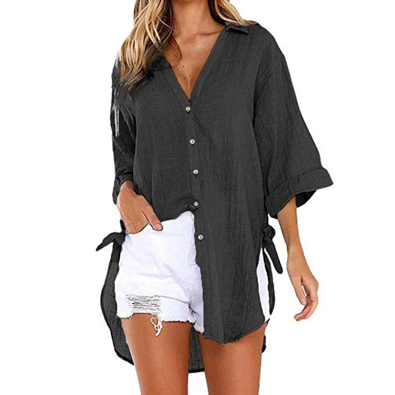 Spring and Summer Thin Top Solid Color Sexy V-neck Single-breasted Button Irregular Knotted T-shirt Casual Loose Daily Style Top
Spring and Summer Thin Top Solid Color Sexy V-neck Single-breasted Button Irregular Knotted T-shirt Casual Loose Daily Style Top