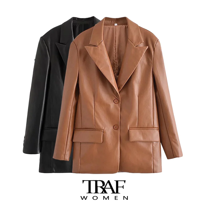 TRAF Women Fashion Single Breasted Faux Leather Blazer Coat Vintage Long Sleeve Flap Pockets Female Outerwear Chic Veste
TRAF Women Fashion Single Breasted Faux Leather Blazer Coat Vintage Long Sleeve Flap Pockets Female Outerwear Chic Veste