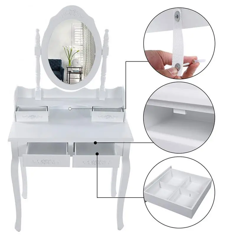 White Dressers With 4 Drawers And A Rotate 360 Degrees Mirror MDF Fiberboard Wood Table And A Stool Bedroom Furniture HWC
White Dressers With 4 Drawers And A Rotate 360 Degrees Mirror MDF Fiberboard Wood Table And A Stool Bedroom Furniture HWC
