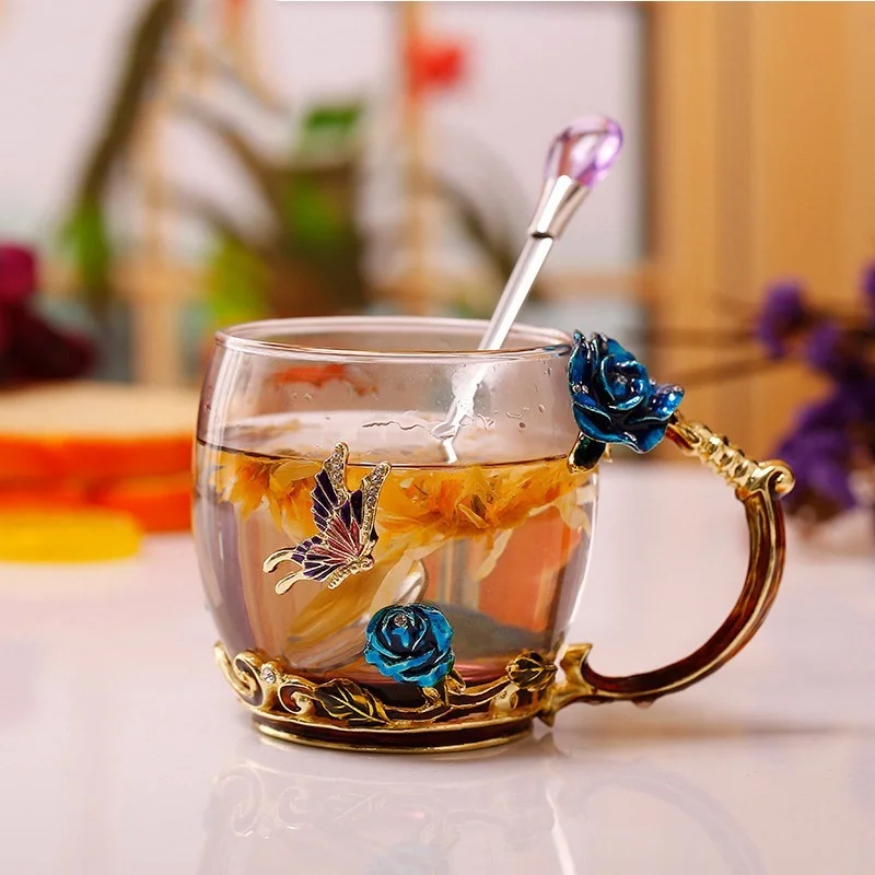 New Rose Enamel Crystal Tea Cup Coffee Mug Butterfly Rose Painted Flower Water Cups Clear Glass with Spoon Set Perfect Gift-30
New Rose Enamel Crystal Tea Cup Coffee Mug Butterfly Rose Painted Flower Water Cups Clear Glass with Spoon Set Perfect Gift-30