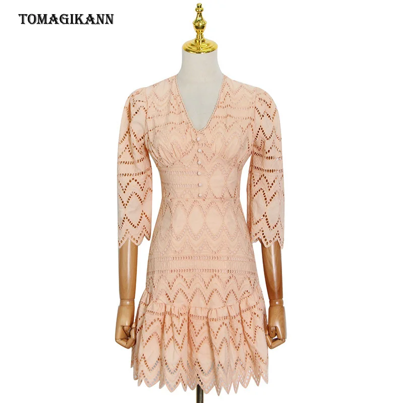Lace Hollow Out Dress V Neck Long Sleeve High Waist Buttons Mini Dresses Female Elegant 2021 New Summer OL Female Clothes
Lace Hollow Out Dress V Neck Long Sleeve High Waist Buttons Mini Dresses Female Elegant 2021 New Summer OL Female Clothes