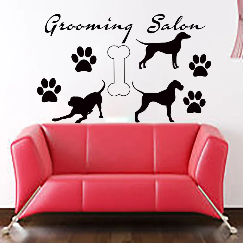 

Grooming Salon Wall Sticker Home Decor Bone Three Dogs And Paw Print Pets Shop Wall Decals Removable DIY Wall Art Murals