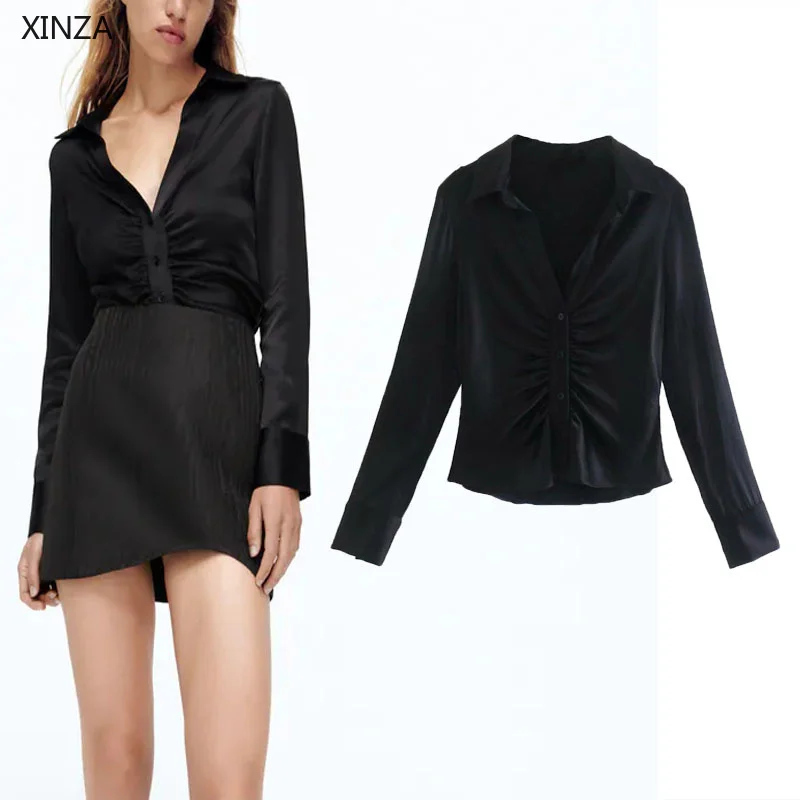 

Women Black Ruching Shirt Za 2021 Vintage Long Sleeve Asymmetric Hem Shirts Fashion Buttoned Woman Draped Slim Blouse Top