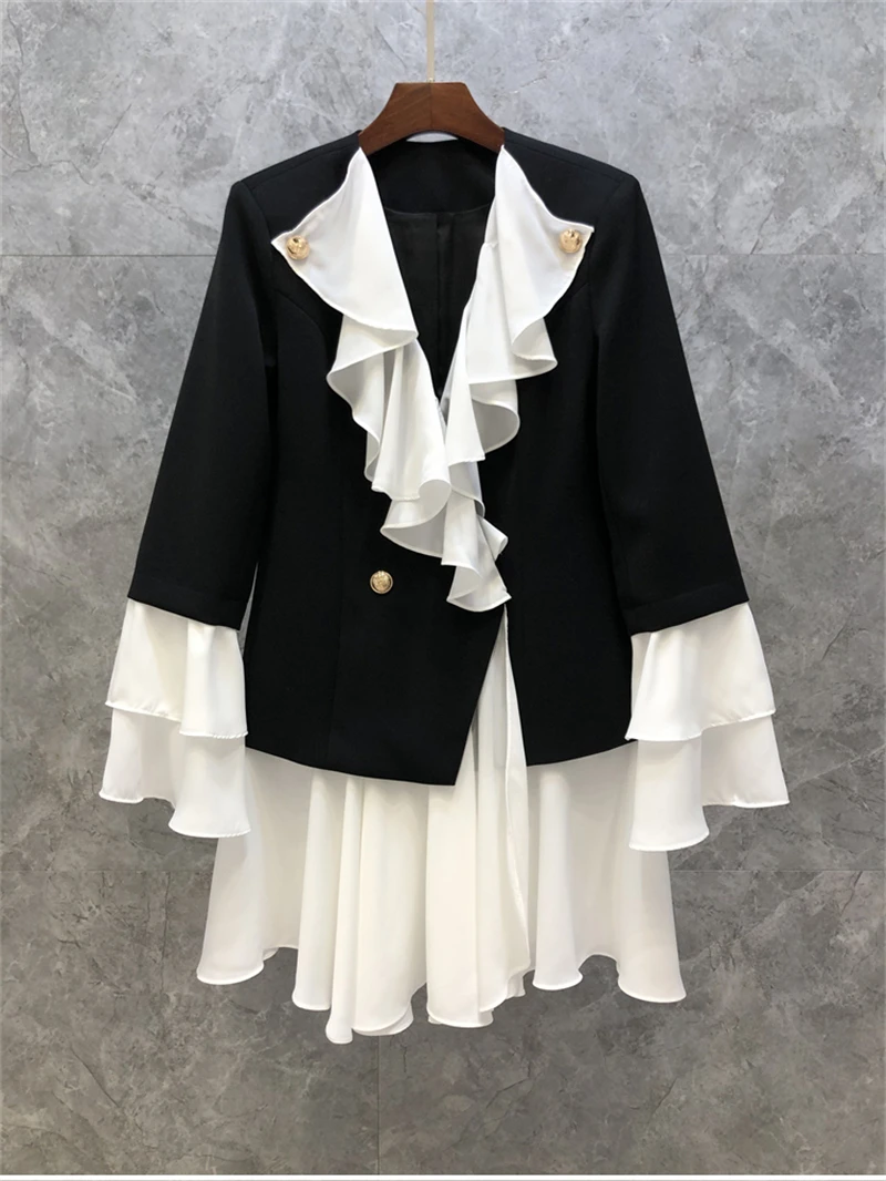 High Quality New Long Blazer Dress 2021 Autumn Fashion Women White Ruffle Patchwork Flare Sleeve Casual Work Dress Clothing
High Quality New Long Blazer Dress 2021 Autumn Fashion Women White Ruffle Patchwork Flare Sleeve Casual Work Dress Clothing