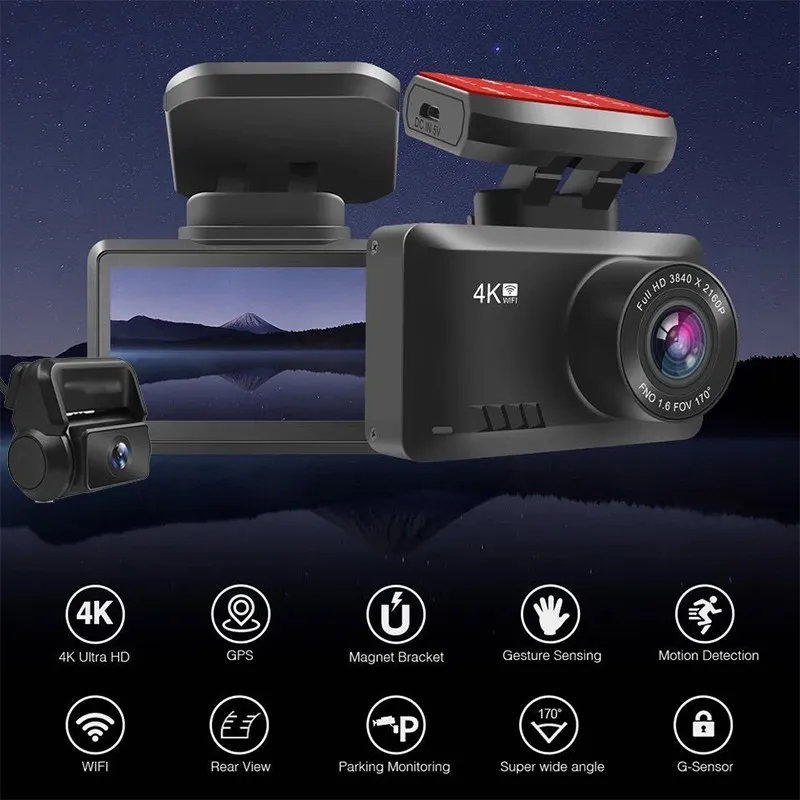 

4K Dash Cam Car Camera Dashcam 3840*2160P 30FPS Ultra HD DVR Dual Lens Video Recorder Gesture Photo GPS Tracker Dashcam WiFi APP