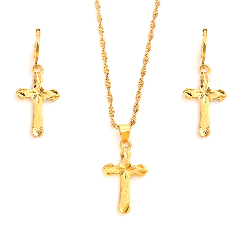 

24 k Yellow Fine gold GF Small Mini Tax stamp cross Pendant chain Earrings set Christian jewelry sets women girl Best Jesus Gift