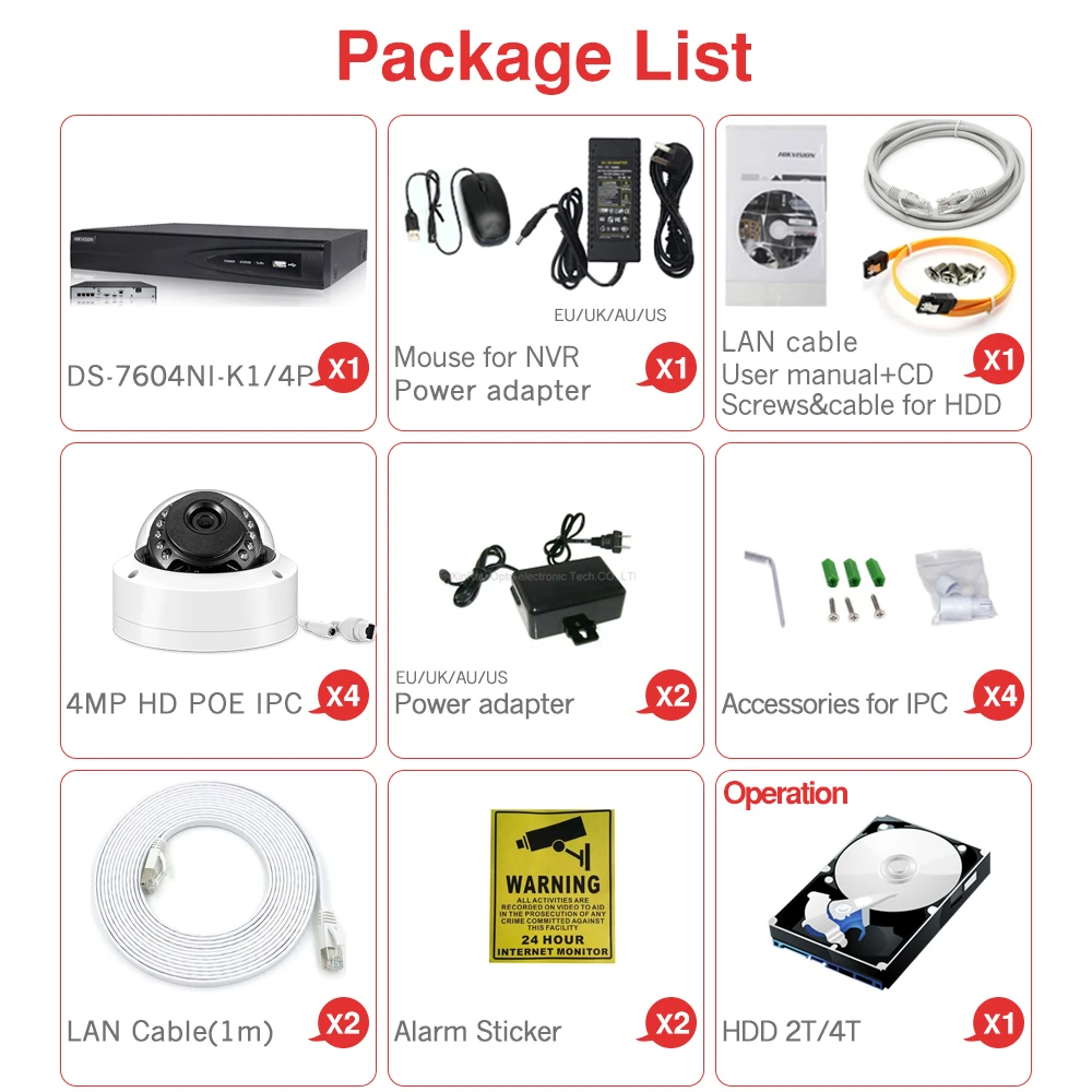4CH CCTV System 4PCS Ultra 4MP CCTV Security POE Camera with Hikvision 4 POE NVR DS-7604NI-K1/4P DIY Video Surveillance Kits 
4CH CCTV System 4PCS Ultra 4MP CCTV Security POE Camera with Hikvision 4 POE NVR DS-7604NI-K1/4P DIY Video Surveillance Kits