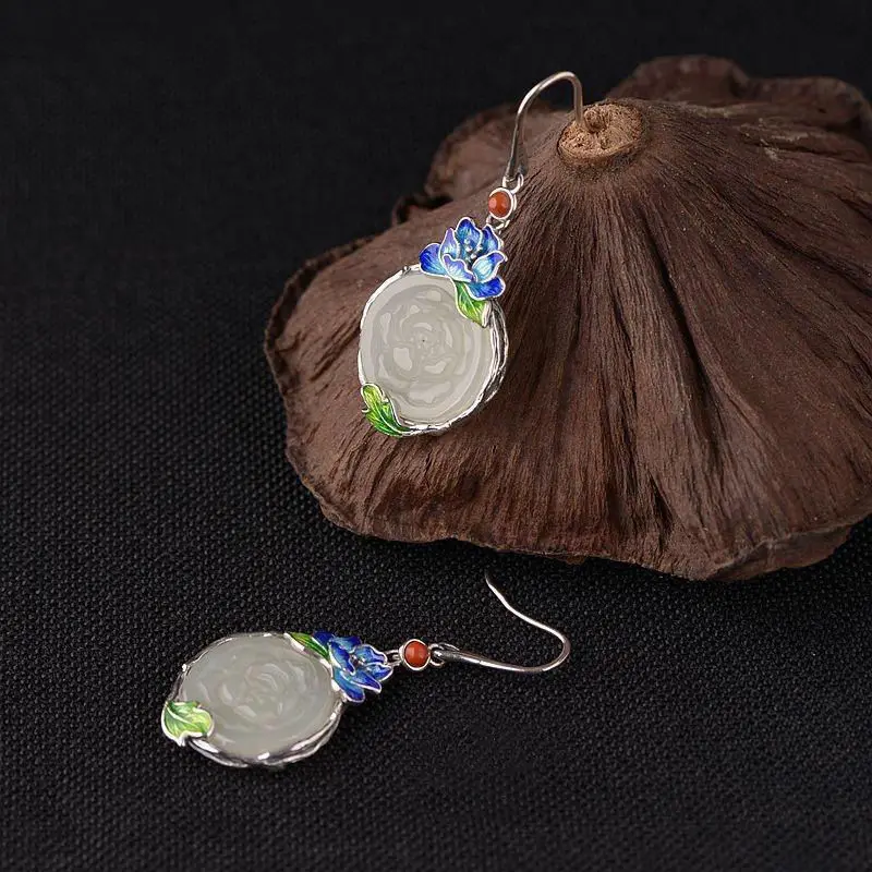 Hongjie S925 Sterling Silver Ornament Thai Silver Vintage Women's Fashion Burnt Blue Inlaid Hetian Jade Peony Flower Earrings Ea
Hongjie S925 Sterling Silver Ornament Thai Silver Vintage Women's Fashion Burnt Blue Inlaid Hetian Jade Peony Flower Earrings Ea