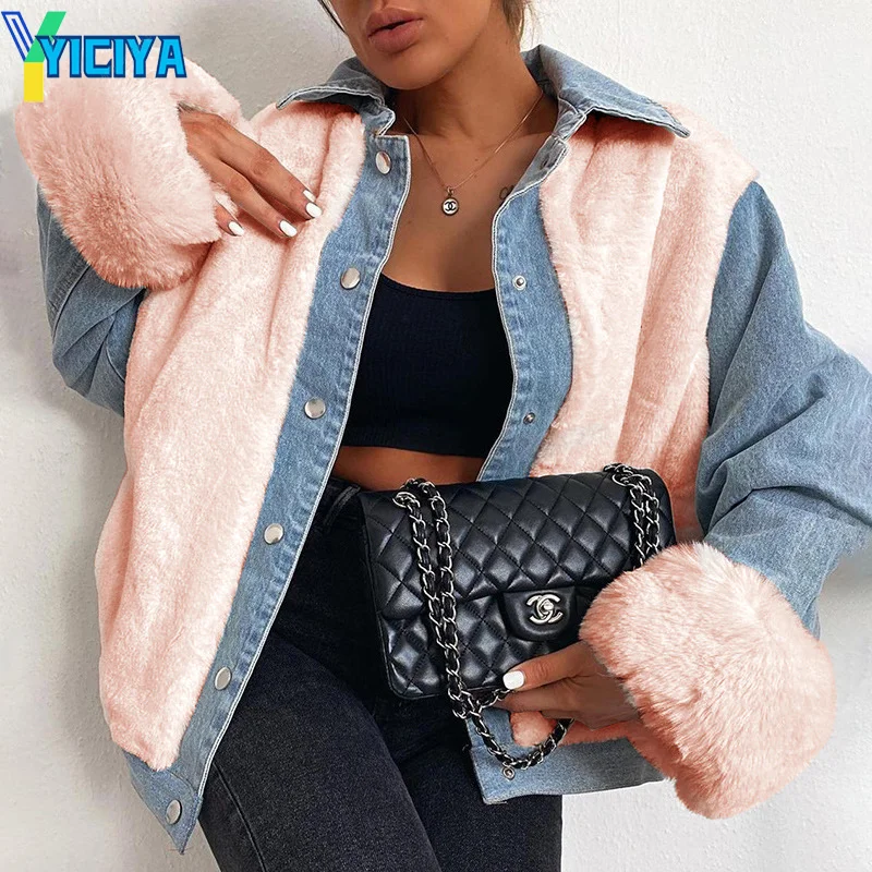 

YICIYA winter women's casual Plush splicing warm jacket y2k varsity jacket denim jacket women Jean jackets met bomber jacket coa