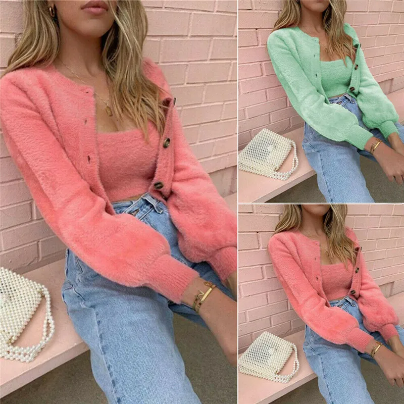Women Winter Two Pieces Set Fluffy Plush Winter Set Soft Tube Top Solid Color Vest + Long Sleeve Sweater Button Cardigans Sets
Women Winter Two Pieces Set Fluffy Plush Winter Set Soft Tube Top Solid Color Vest + Long Sleeve Sweater Button Cardigans Sets