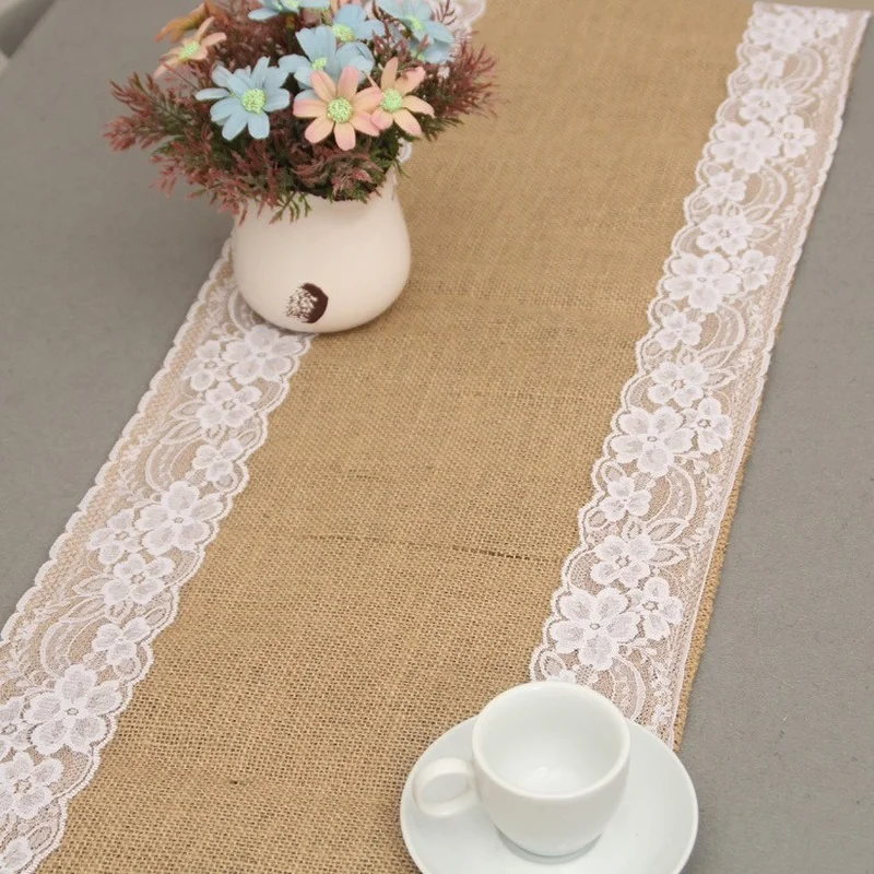 

30*275cm Burlap Lace Hessian Table Runner Rustic Natural Jute Country Wedding Party Dining Table Decoration Farmhouse Decoration