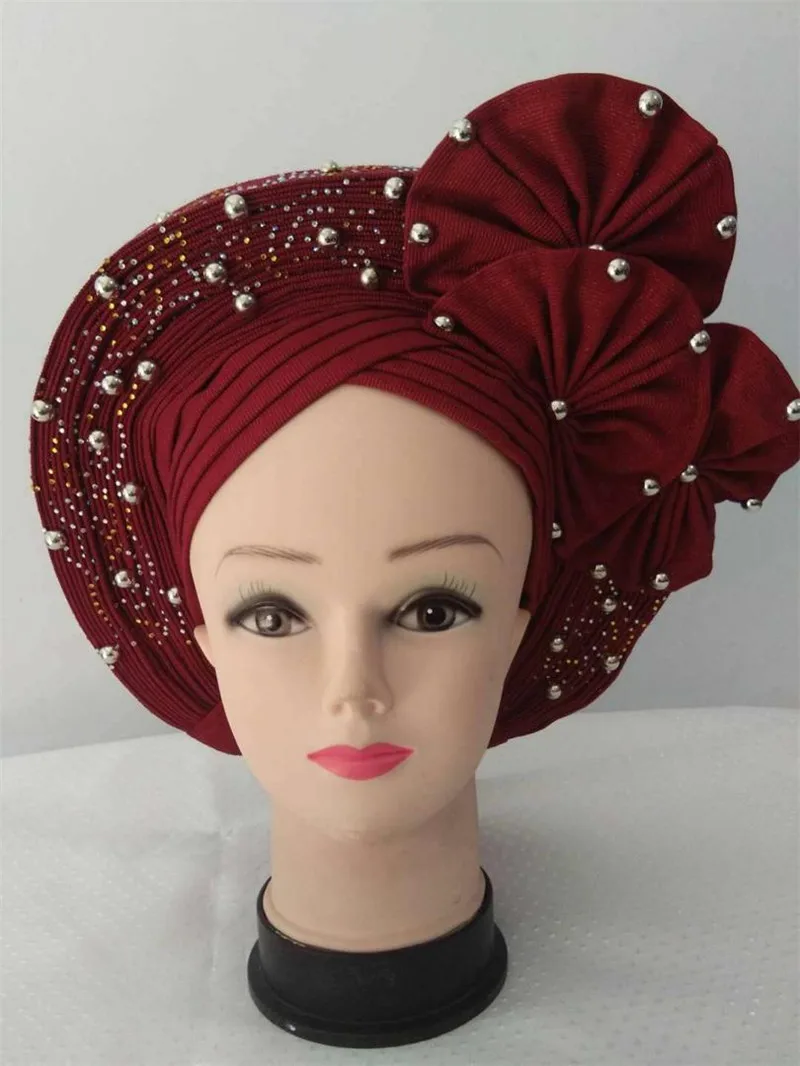 Новый стиль нигерийский желтый тюрбан Gele Headtie Aso Oke уже изготовленный Auto Ebi