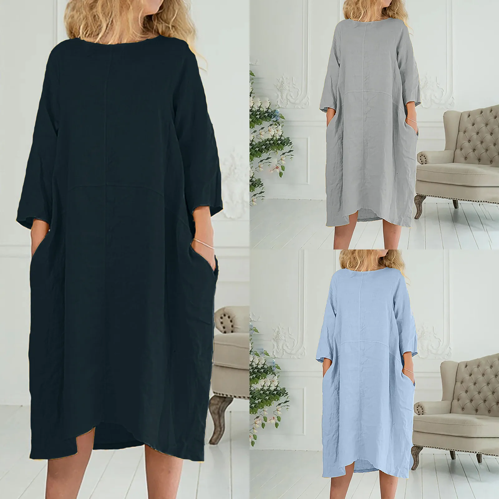 Women Autumn Winter Dresses Fashion Women's Casual Round Neck Pocket Solid Color Linen Long Dress Vestidos Женское Платье 
Women Autumn Winter Dresses Fashion Women's Casual Round Neck Pocket Solid Color Linen Long Dress Vestidos Женское Платье