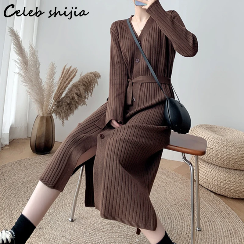 Single Breasted Knitted Long Dress for Woman Winter Autumn 2021 Lace Up V-neck Sweater Dresses Korean Fashion Brown Knitwear
Single Breasted Knitted Long Dress for Woman Winter Autumn 2021 Lace Up V-neck Sweater Dresses Korean Fashion Brown Knitwear