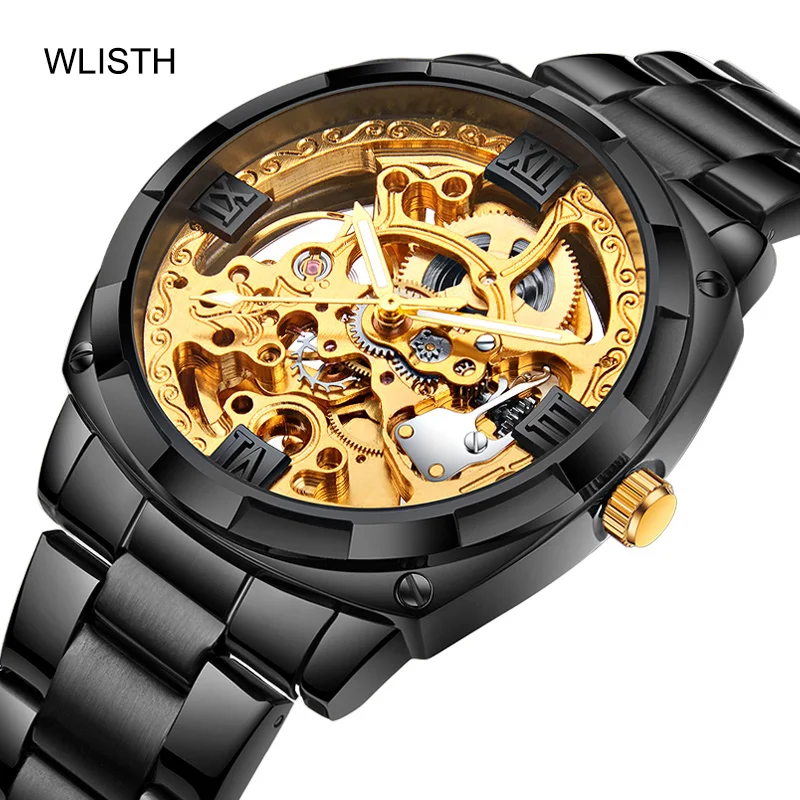 

Механические Мужские золотые часы мужские часы лучший бренд класса люкс 2021 WLISTH часы Мужской Скелет Нержавеющая сталь 3d гравировкой