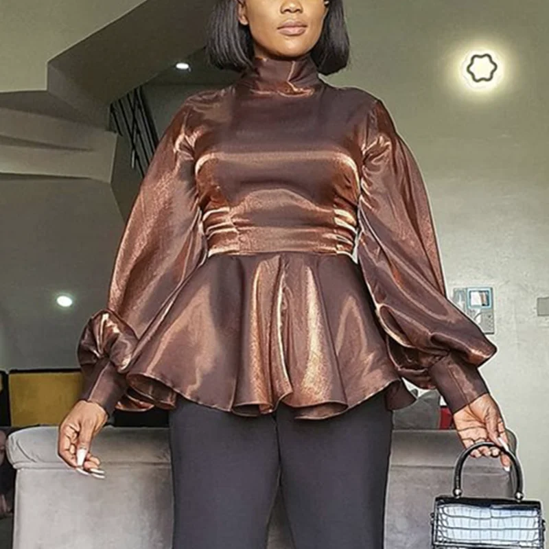 Women Blouse Long Lantern Sleeves Turtelneck Peplum Tops Shirts Elegant Office Autumn 2021 New Fashion Lady Bluas African Female
Women Blouse Long Lantern Sleeves Turtelneck Peplum Tops Shirts Elegant Office Autumn 2021 New Fashion Lady Bluas African Female