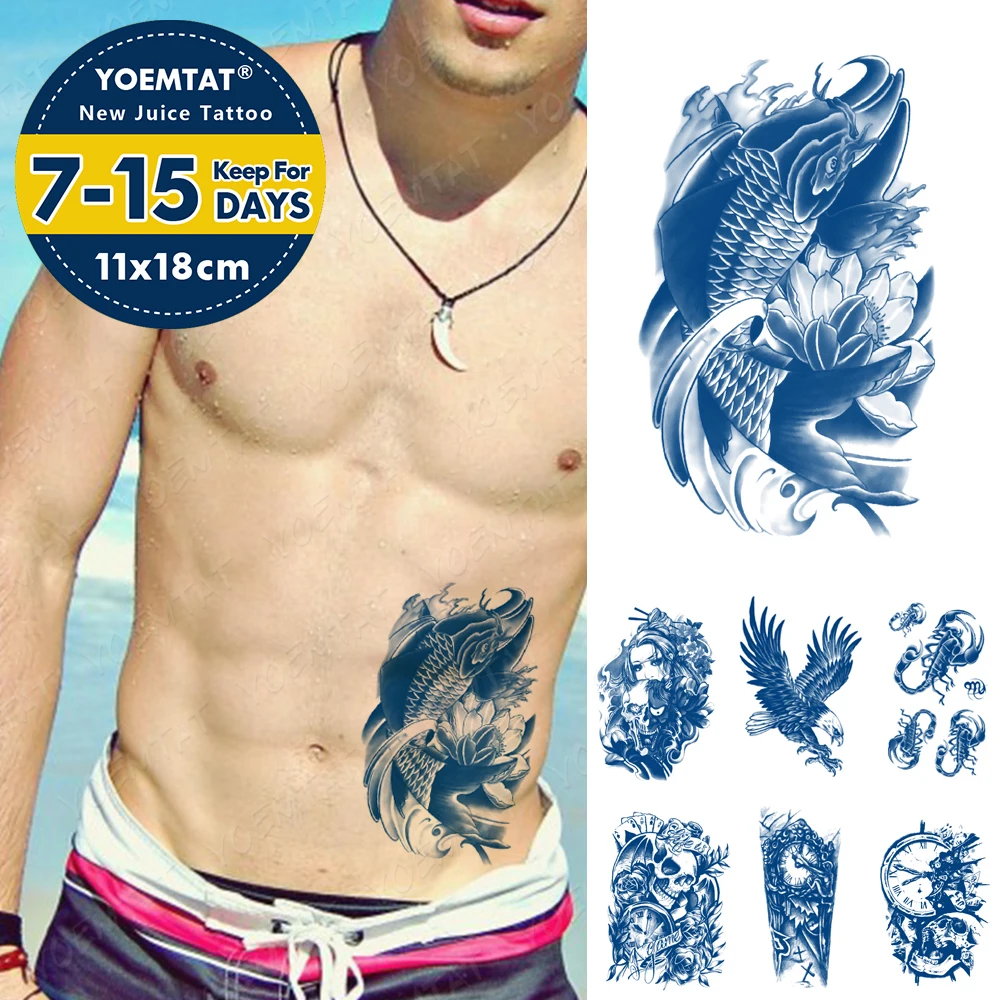 

Juice Lasting Ink Tattoos Body Art Waterproof Temporary Tattoo Sticker Carp Lotus Wave Tatoo Arm Fake Scorpion Skull Tatto Men