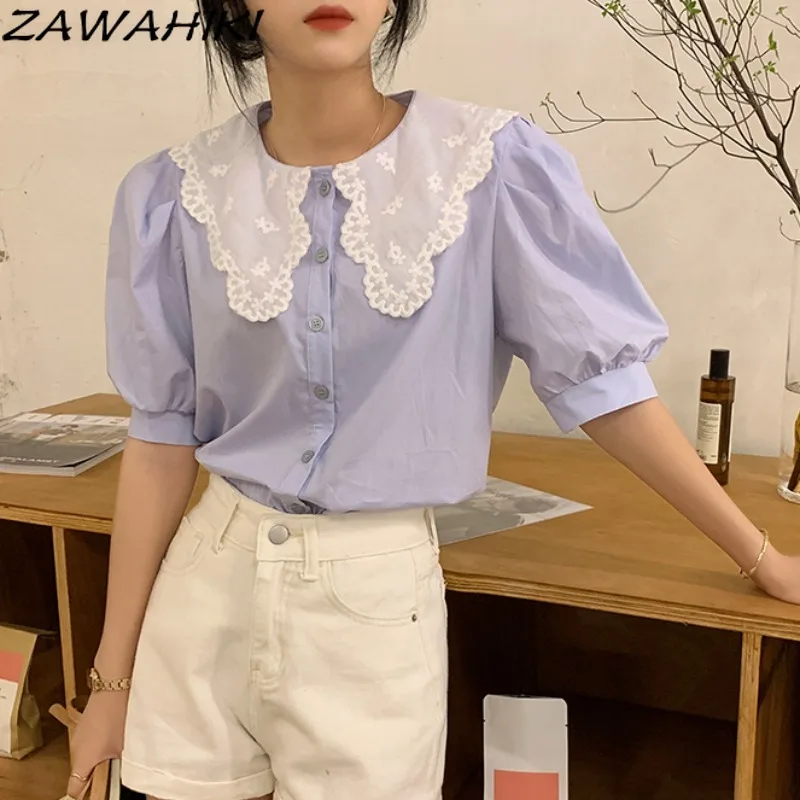 ZAWAHIKI Korean Vintage Sweet Shirt Women Summer 2021 Peter Pan Collar Single Breasted Puff Short Sleeve Solid Tops Loose Blouse
ZAWAHIKI Korean Vintage Sweet Shirt Women Summer 2021 Peter Pan Collar Single Breasted Puff Short Sleeve Solid Tops Loose Blouse