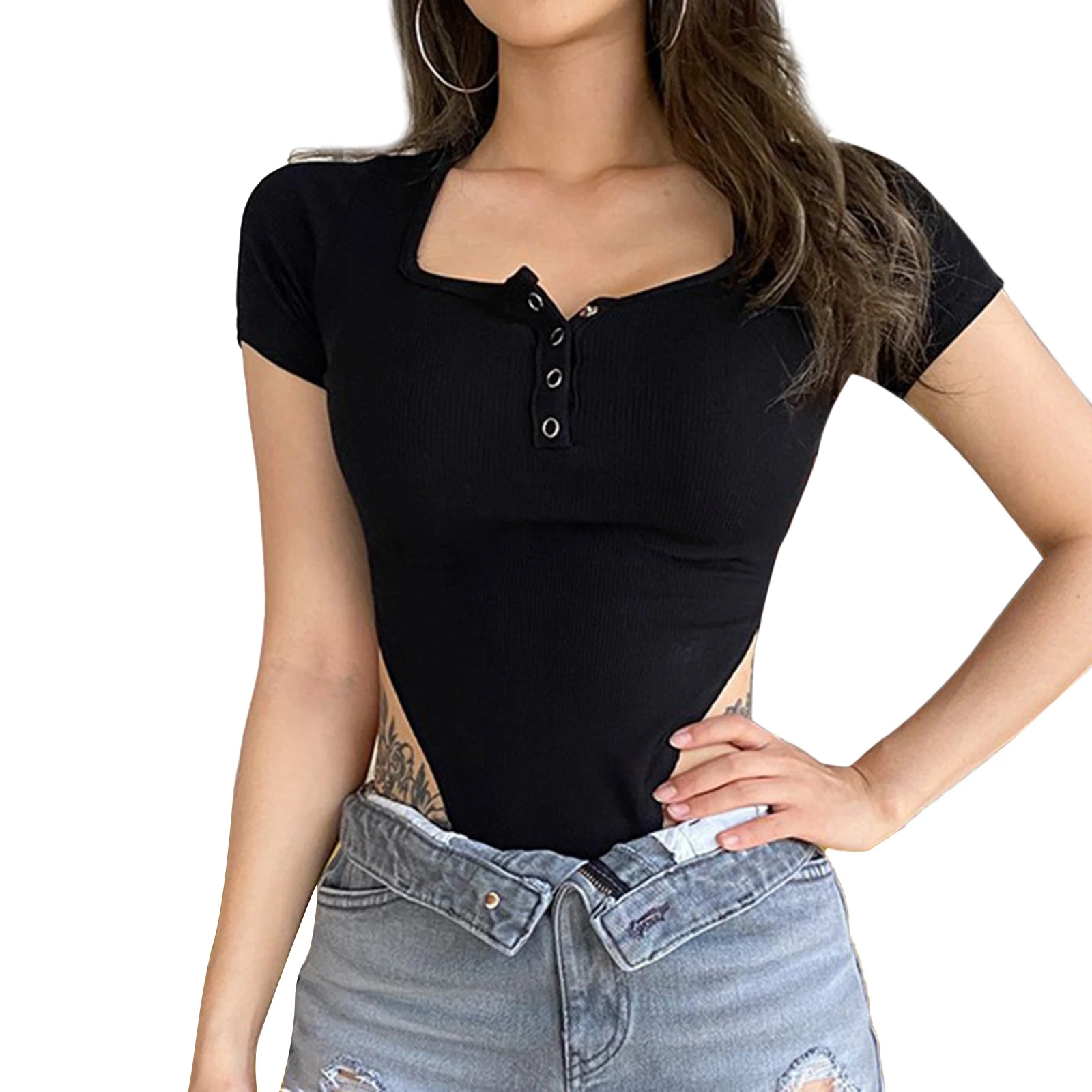 Women Summer Solid Color Casual Thin Knit Palysuit Adults Ribbed Square Collar Short Sleeve Bodysuit Black White
Women Summer Solid Color Casual Thin Knit Palysuit Adults Ribbed Square Collar Short Sleeve Bodysuit Black White