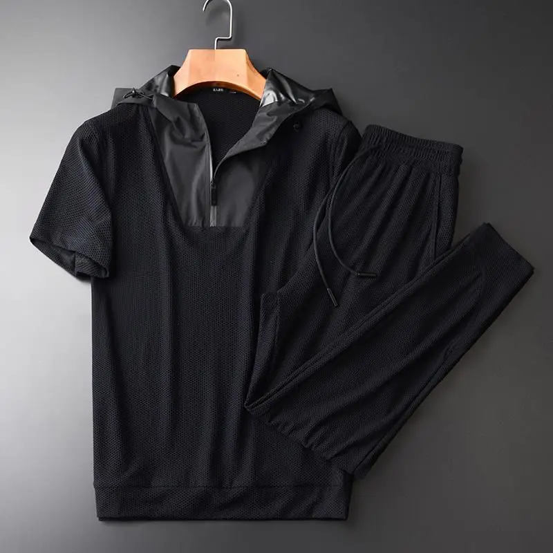Summer lightweight breathable mesh fabric splicing short sleeve hooded casual suit men's slim trend handsome two-piece set
Summer lightweight breathable mesh fabric splicing short sleeve hooded casual suit men's slim trend handsome two-piece set