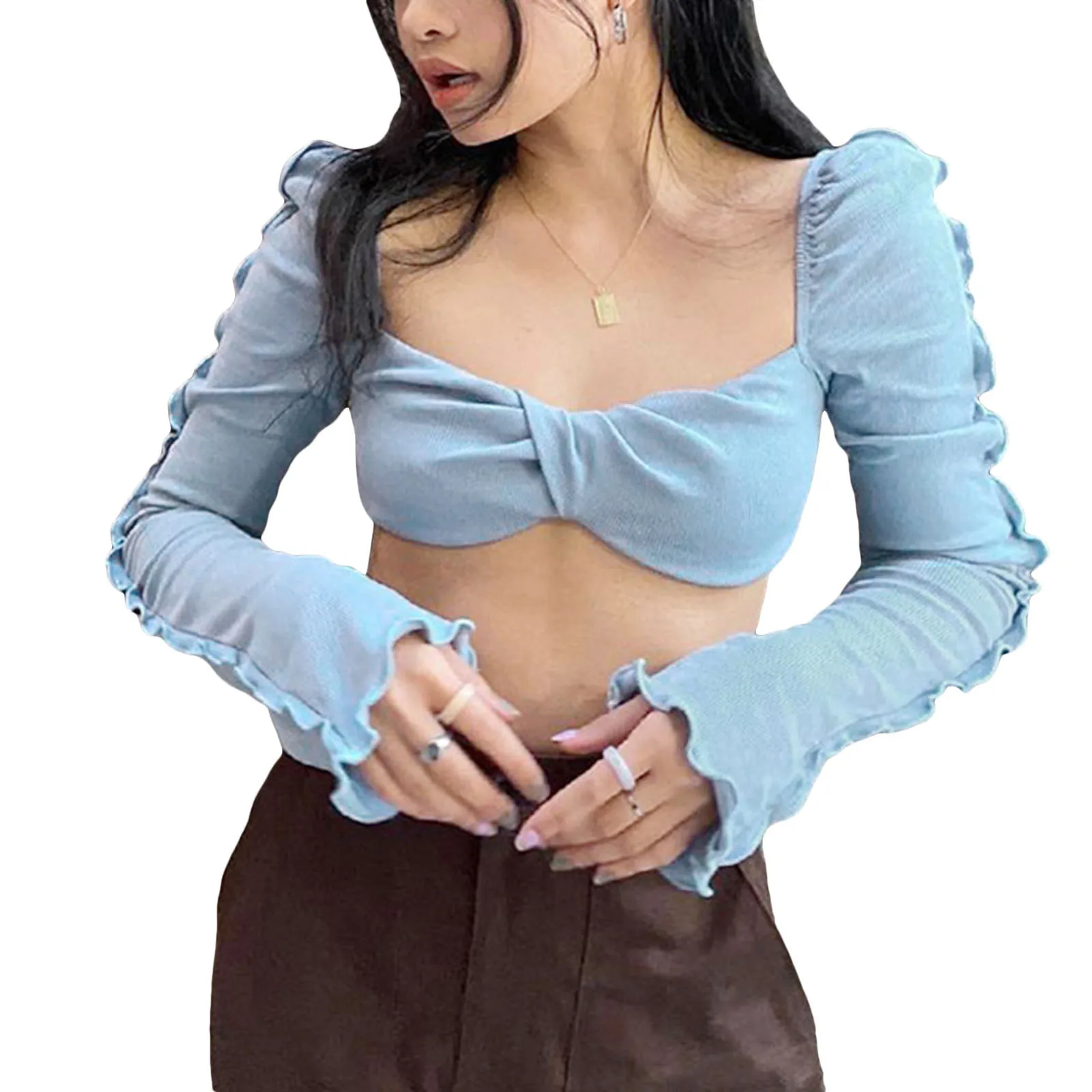 Summer Women Sexy Blue Slim Cropped Tops Solid Color Long Sleeve Low-cut Pullover with Ruffles
Summer Women Sexy Blue Slim Cropped Tops Solid Color Long Sleeve Low-cut Pullover with Ruffles
