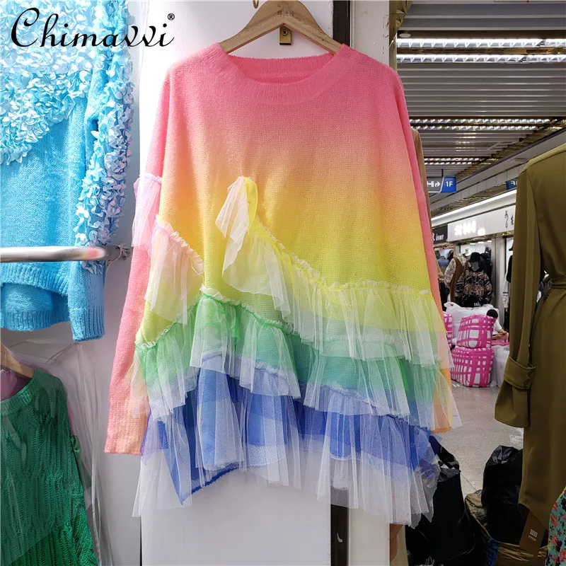 Женский свитер с круглым вырезом и оборками, элегантный свободный сетчатый свитер в стиле пэчворк с разноцветными градиентными оборками, ... 
Женский свитер с круглым вырезом и оборками, элегантный свободный сетчатый свитер в стиле пэчворк с разноцветными градиентными оборками, ...