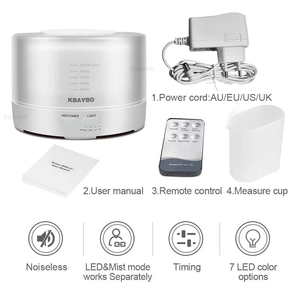 KBAYBO Aroma Ultrasonic air Humidifier 500ml Remote Control Essential Oil diffusers LED Light mist maker Aromatherapy purifier
KBAYBO Aroma Ultrasonic air Humidifier 500ml Remote Control Essential Oil diffusers LED Light mist maker Aromatherapy purifier