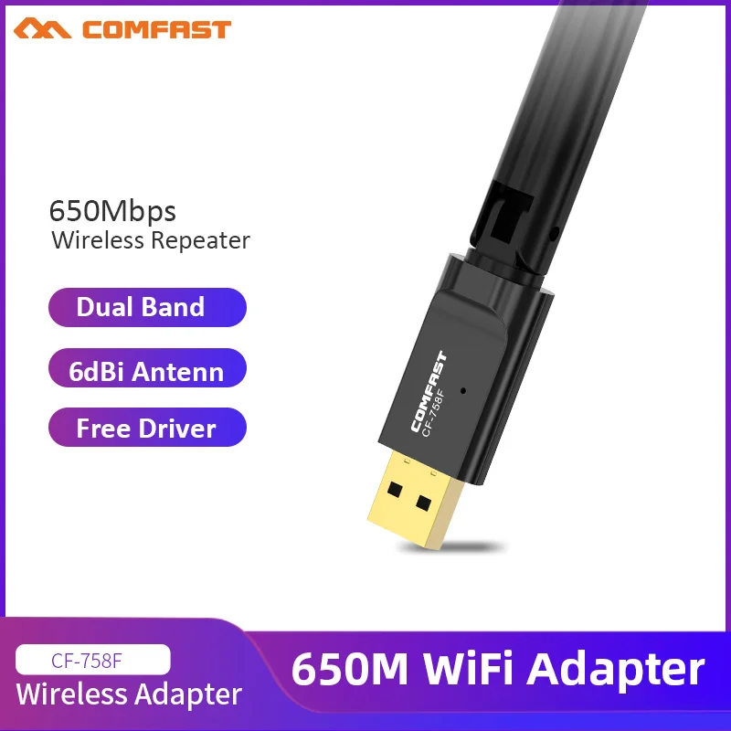 

CF-758F Network Card Free Driver 650Mbps Dual Band 2.4G&5.8G 802.11 a/b/n/g/ac Wifi USB Adapter 6dBi Antennas PC WiFi Receiver