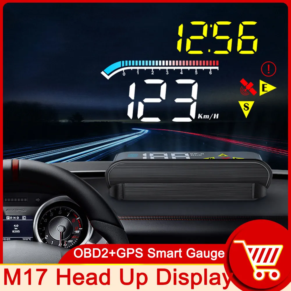 

M17 HUD OBD Head Up Display OBD2 GPS Dual System Windshield Speed Projector Security Alarm Water Temp Overspeed RPM Voltage