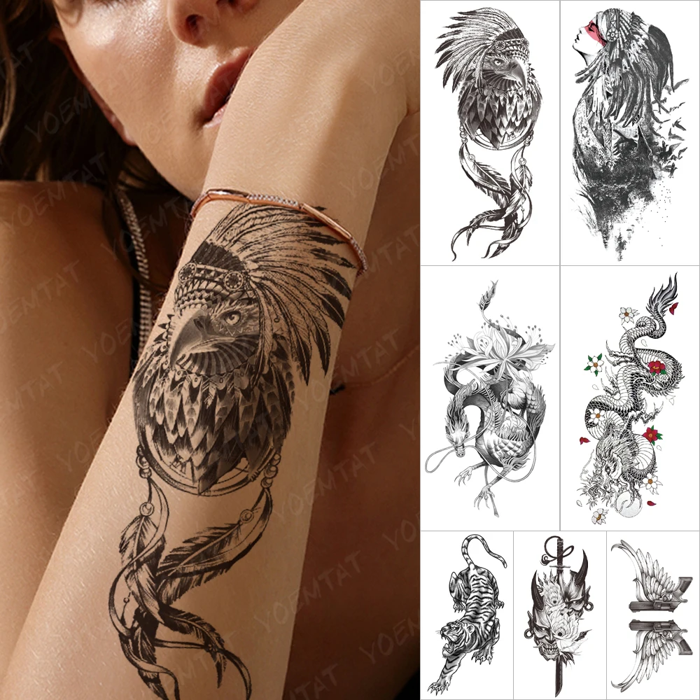 

Waterproof Temporary Tattoo Sticker Indian Eagle Forest Flash Tattoos Feather Dream Catcher Body Art Arm Fake Tatoo Women Men