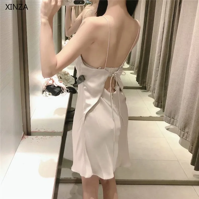 Za woman 2021 Satin Mini Summer Traf Dress Sexy Straps Sundress Fashion Sleeveless Backless Evening Dresses Back Zip Vestidos