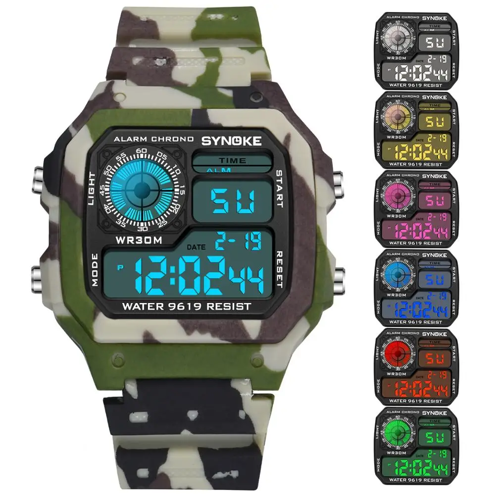 Детские цифровые часы SYNOKE спортивные камуфляжные многофункциональные 7 цветов