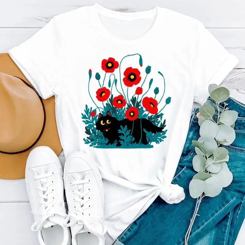 2021 Summer Plant Flower Pattern Little Black Cat Print Short Sleeve Women's All-match White T-shirt Tops Graphic Short Sleeve
2021 Summer Plant Flower Pattern Little Black Cat Print Short Sleeve Women's All-match White T-shirt Tops Graphic Short Sleeve