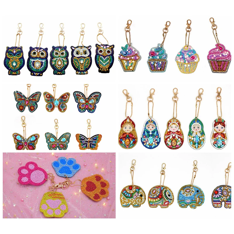 

DIY Full Drill Special Diamond Painting Keychain Cartoon Owl Cake Women Bag Pendant Keychains Jewelry Key Ring Gifts