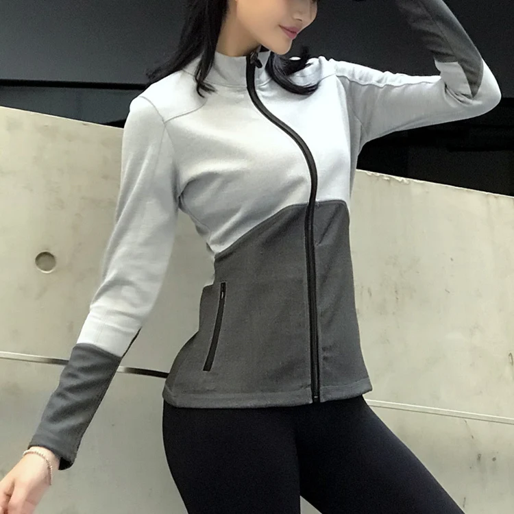 

Sports Running Sweatshirts Women Slim Mandarin Collar Gym Jacket Fitness Lrregular White Gray stitching Coat Zipper Yoga Jackets