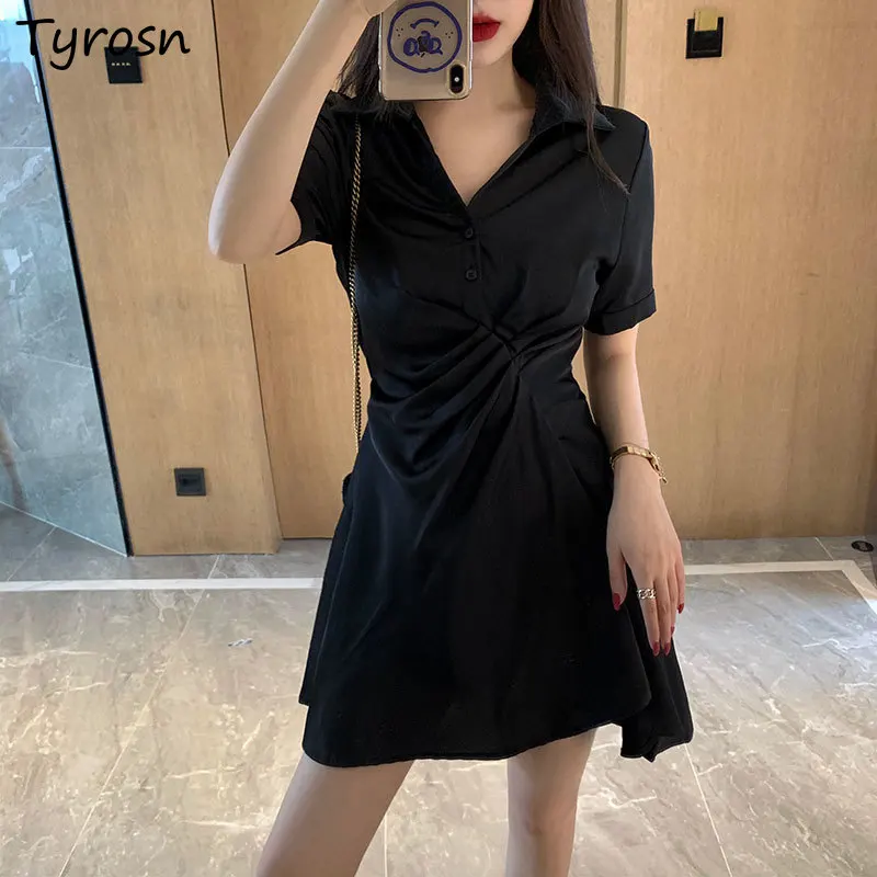 Short Sleeve Dress Women Sexy Defined Waist Mini Vestidos Elegant Design Folds Turn-down Collar Black Dresses Mujer Streetwear 
Short Sleeve Dress Women Sexy Defined Waist Mini Vestidos Elegant Design Folds Turn-down Collar Black Dresses Mujer Streetwear