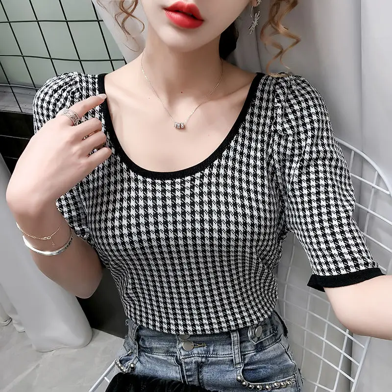 New Fashion O Neck Short Sleeve Women Knit Pullovers Korean Plaid Hit Color Sueter Mujer Vintage Sweet Autumn Elegant OL Sweater
New Fashion O Neck Short Sleeve Women Knit Pullovers Korean Plaid Hit Color Sueter Mujer Vintage Sweet Autumn Elegant OL Sweater